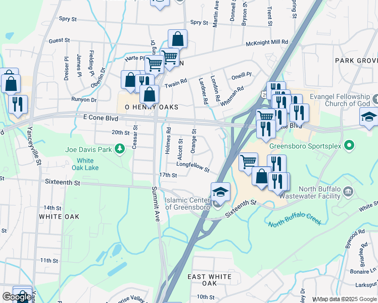 map of restaurants, bars, coffee shops, grocery stores, and more near 2808 Alcott Street in Greensboro