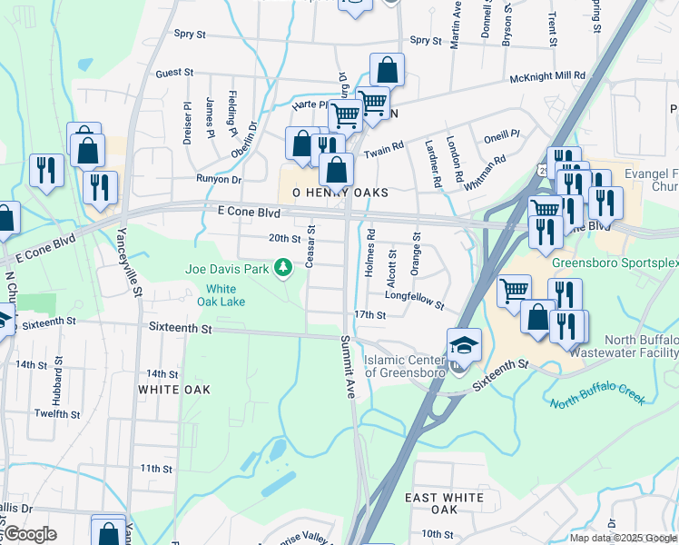 map of restaurants, bars, coffee shops, grocery stores, and more near 1508 19th Street in Greensboro