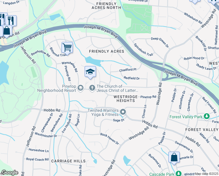 map of restaurants, bars, coffee shops, grocery stores, and more near 3637 Gramercy Road in Greensboro