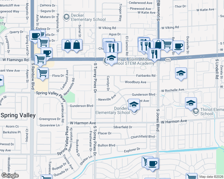 map of restaurants, bars, coffee shops, grocery stores, and more near 6396 Creston Avenue in Las Vegas