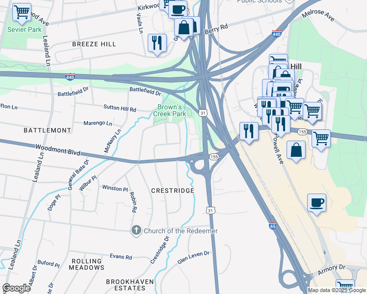 map of restaurants, bars, coffee shops, grocery stores, and more near 3424 Pleasant Valley Road in Nashville