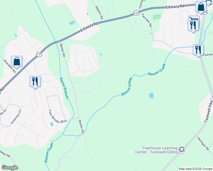 map of restaurants, bars, coffee shops, grocery stores, and more near 6848 Beeler Road in Knoxville
