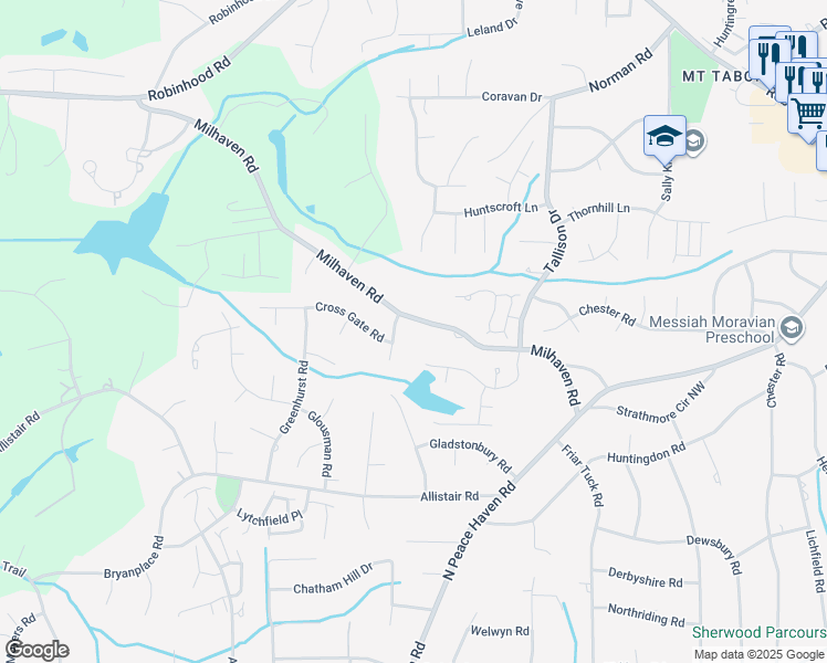 map of restaurants, bars, coffee shops, grocery stores, and more near 3562 Milhaven Road in Winston-Salem