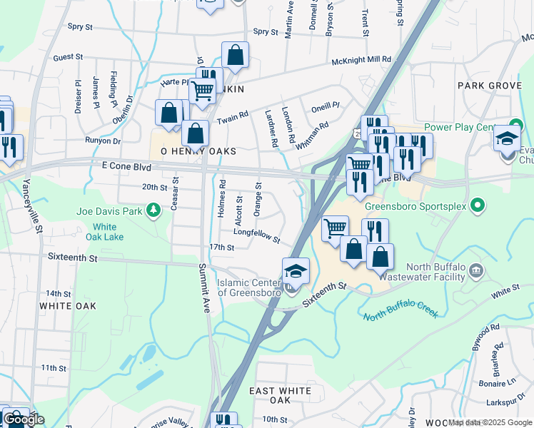 map of restaurants, bars, coffee shops, grocery stores, and more near 1705 Hemingway Drive in Greensboro