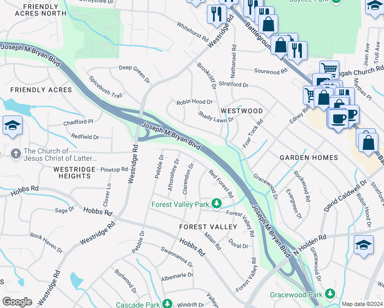 map of restaurants, bars, coffee shops, grocery stores, and more near 2102 Red Forest Road in Greensboro