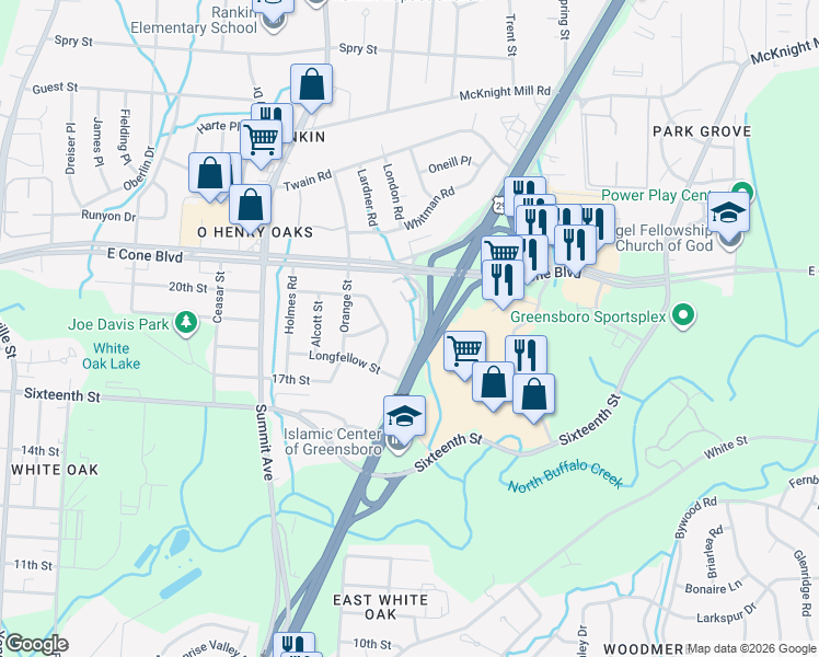 map of restaurants, bars, coffee shops, grocery stores, and more near 2815 North O.Henry Boulevard in Greensboro