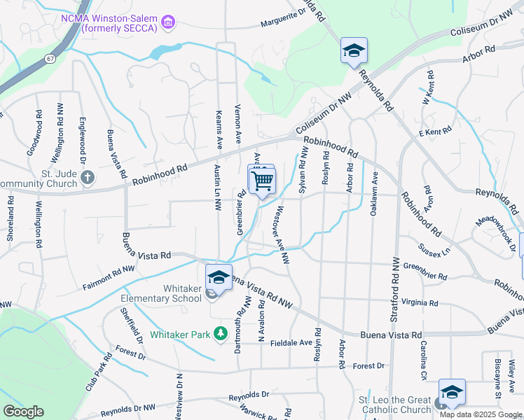 map of restaurants, bars, coffee shops, grocery stores, and more near 711 North Avalon Road in Winston-Salem