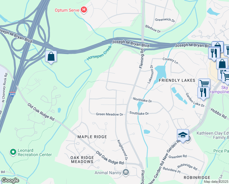 map of restaurants, bars, coffee shops, grocery stores, and more near 4916 Fox Chase Road in Greensboro