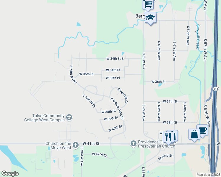 map of restaurants, bars, coffee shops, grocery stores, and more near 6908 Silver Oak Place in Tulsa