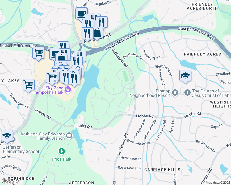 map of restaurants, bars, coffee shops, grocery stores, and more near 4334 Hobbs Road in Greensboro