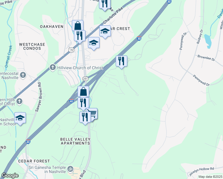map of restaurants, bars, coffee shops, grocery stores, and more near 255 Stonecrest Drive in Nashville
