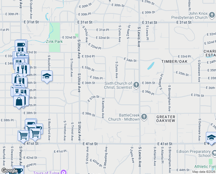 map of restaurants, bars, coffee shops, grocery stores, and more near 3603 South Yorktown Avenue in Tulsa