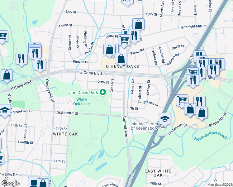 map of restaurants, bars, coffee shops, grocery stores, and more near 1508 19th Street in Greensboro