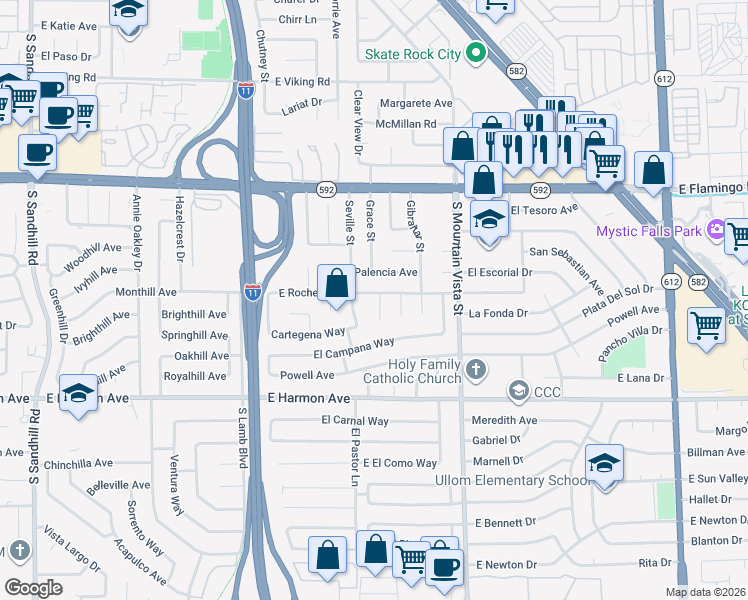 map of restaurants, bars, coffee shops, grocery stores, and more near 4467 East Rochelle Avenue in Las Vegas