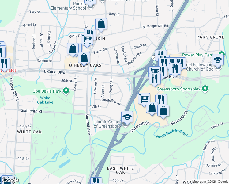 map of restaurants, bars, coffee shops, grocery stores, and more near 1705 Hemingway Drive in Greensboro