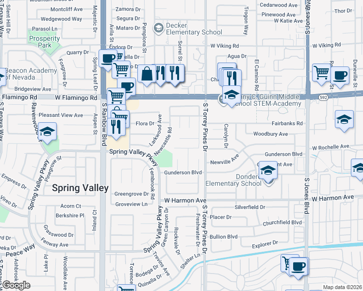map of restaurants, bars, coffee shops, grocery stores, and more near 6596 Treadway Ln in Las Vegas