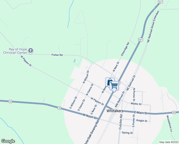 map of restaurants, bars, coffee shops, grocery stores, and more near 207 North Wilson Street in Whitakers