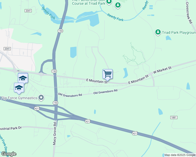 map of restaurants, bars, coffee shops, grocery stores, and more near 1421 East Mountain Street in Kernersville