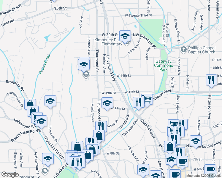 map of restaurants, bars, coffee shops, grocery stores, and more near 1110 Knox Street in Winston-Salem