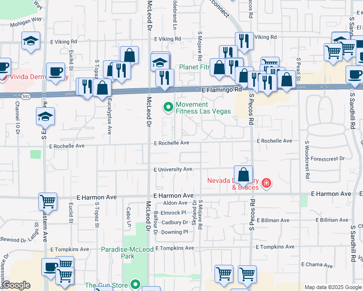map of restaurants, bars, coffee shops, grocery stores, and more near 3123 East Rochelle Avenue in Las Vegas