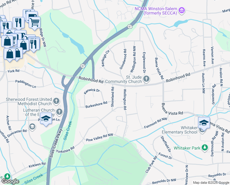 map of restaurants, bars, coffee shops, grocery stores, and more near 855 Shoreland Road in Winston-Salem