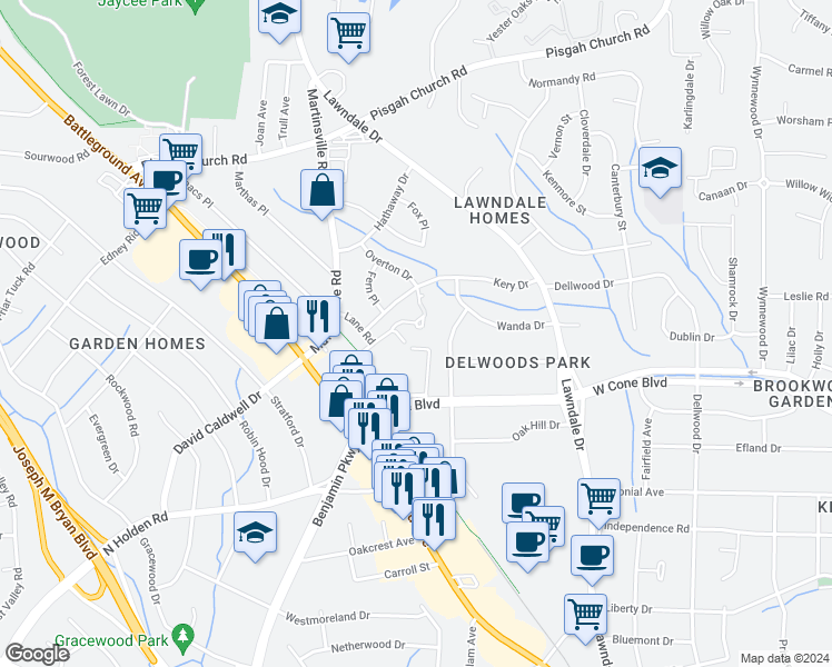 map of restaurants, bars, coffee shops, grocery stores, and more near 3003 Overton Drive in Greensboro