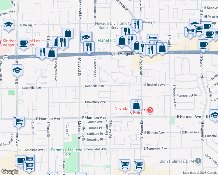 map of restaurants, bars, coffee shops, grocery stores, and more near 3187 E Rochelle Ave in Las Vegas