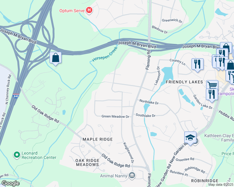 map of restaurants, bars, coffee shops, grocery stores, and more near 4916 Fox Chase Road in Greensboro