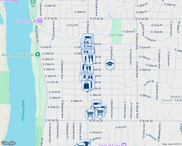 map of restaurants, bars, coffee shops, grocery stores, and more near 1331 East 36th Place in Tulsa