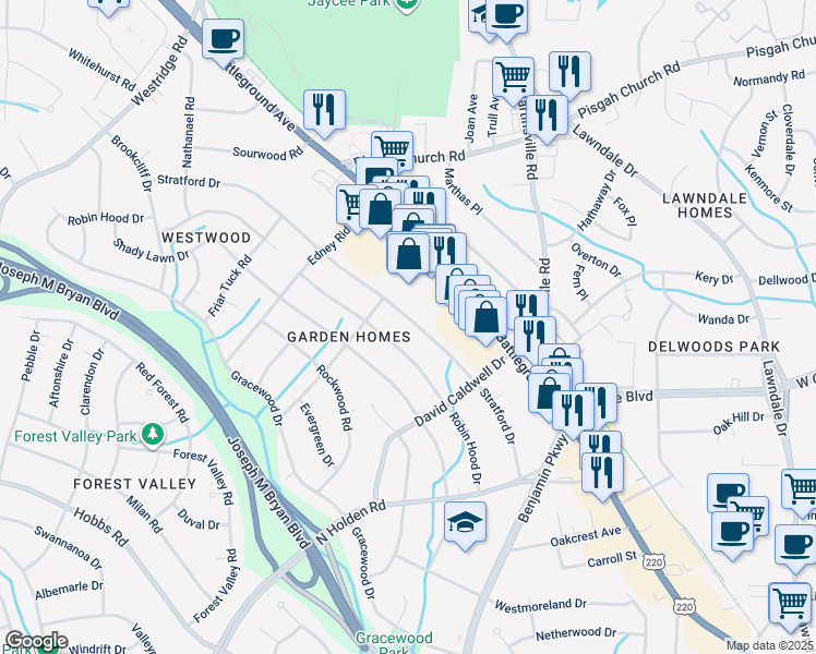 map of restaurants, bars, coffee shops, grocery stores, and more near 2727 Stratford Drive in Greensboro
