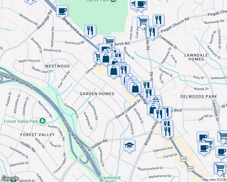 map of restaurants, bars, coffee shops, grocery stores, and more near 2727 Stratford Drive in Greensboro
