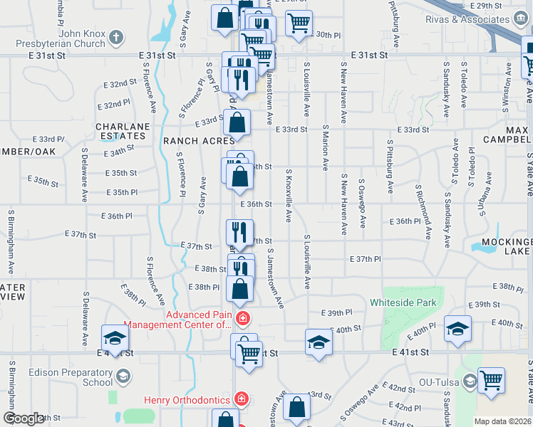 map of restaurants, bars, coffee shops, grocery stores, and more near 3614 South Jamestown Avenue in Tulsa