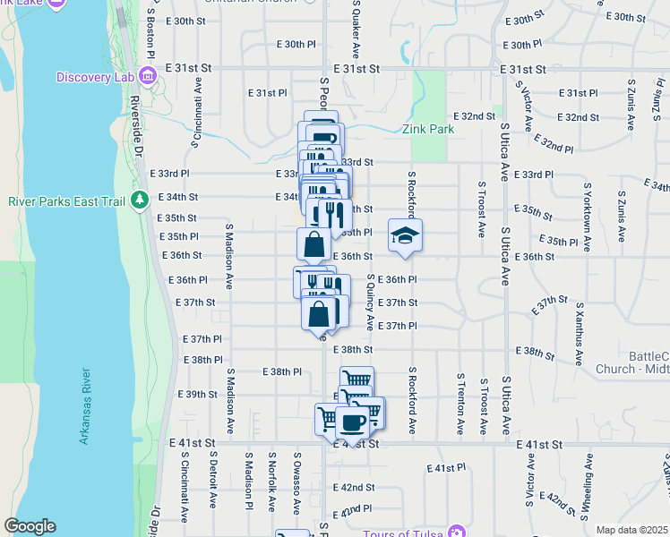 map of restaurants, bars, coffee shops, grocery stores, and more near 1331 East 36th Place in Tulsa