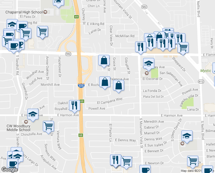 map of restaurants, bars, coffee shops, grocery stores, and more near 4311 Seville Street in Las Vegas