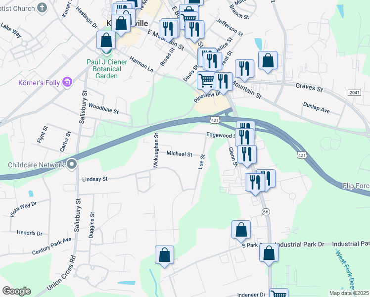map of restaurants, bars, coffee shops, grocery stores, and more near 527 Michael Street in Kernersville