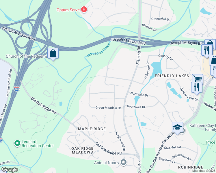 map of restaurants, bars, coffee shops, grocery stores, and more near 4916 Fox Chase Road in Greensboro