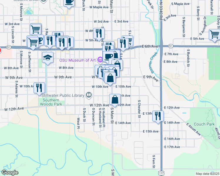 map of restaurants, bars, coffee shops, grocery stores, and more near 1002 South Main Street in Stillwater