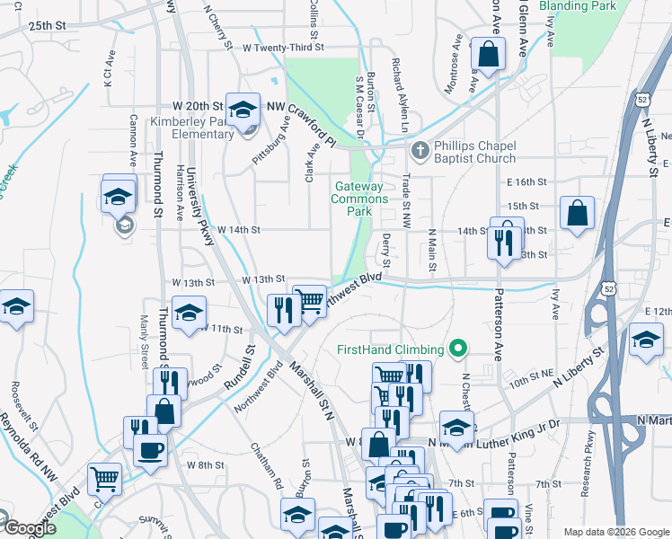 map of restaurants, bars, coffee shops, grocery stores, and more near 1300 Underwood Avenue in Winston-Salem