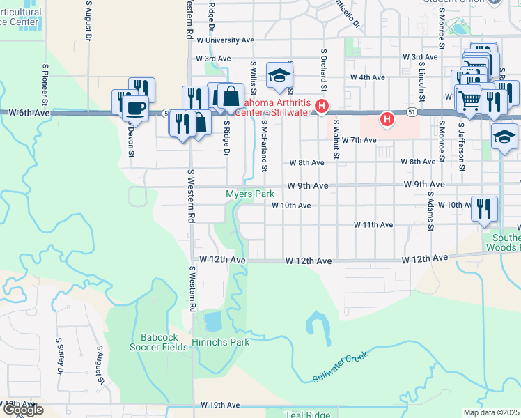 map of restaurants, bars, coffee shops, grocery stores, and more near 2001 West 10th Avenue in Stillwater