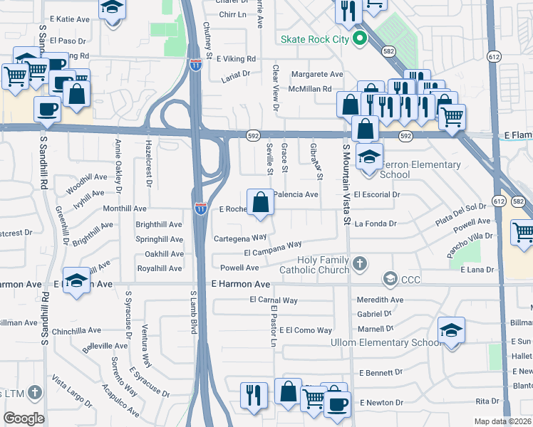 map of restaurants, bars, coffee shops, grocery stores, and more near 4311 Seville Street in Las Vegas