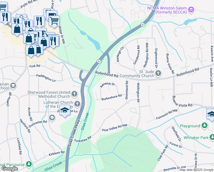 map of restaurants, bars, coffee shops, grocery stores, and more near 844 Camelot Court in Winston-Salem