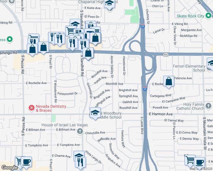 map of restaurants, bars, coffee shops, grocery stores, and more near 3949 Monthill Avenue in Las Vegas