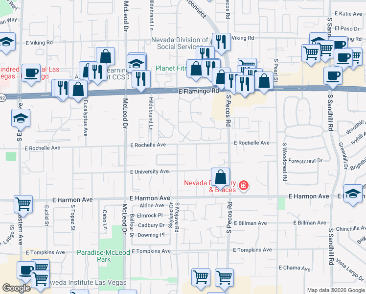 map of restaurants, bars, coffee shops, grocery stores, and more near 3187 East Rochelle Avenue in Las Vegas