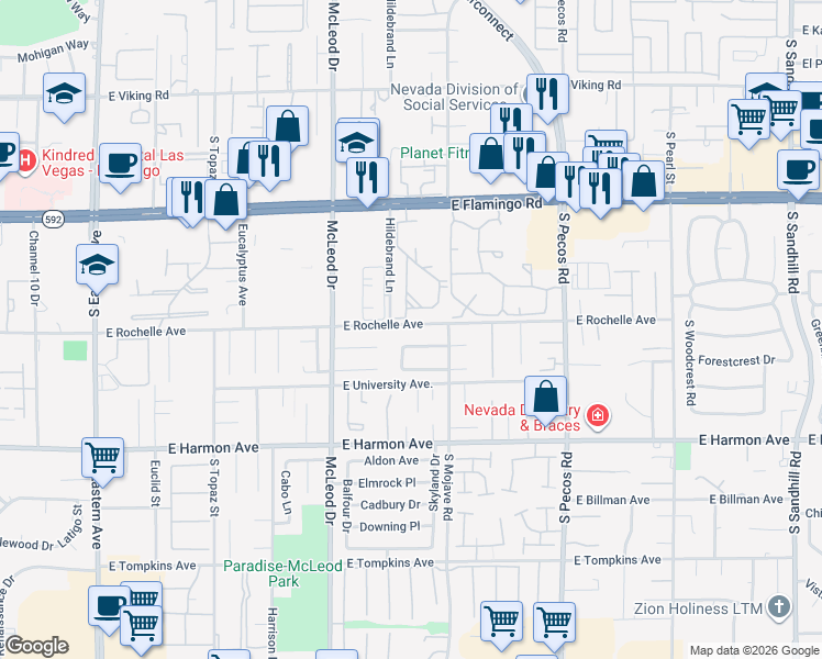 map of restaurants, bars, coffee shops, grocery stores, and more near 3123 East Rochelle Avenue in Las Vegas