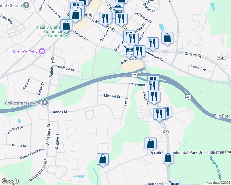 map of restaurants, bars, coffee shops, grocery stores, and more near 527 Michael Street in Kernersville