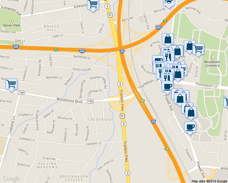 map of restaurants, bars, coffee shops, grocery stores, and more near 3424 Pleasant Valley Road in Nashville