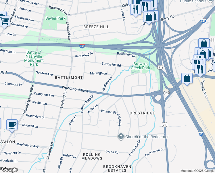 map of restaurants, bars, coffee shops, grocery stores, and more near 2940 McNairy Lane in Nashville