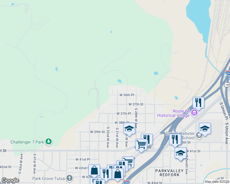 map of restaurants, bars, coffee shops, grocery stores, and more near 3620 South 31st West Avenue in Tulsa
