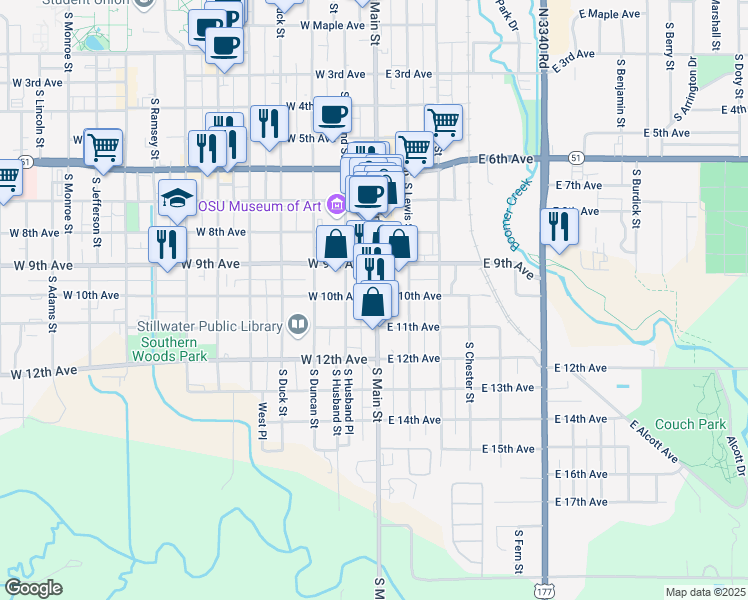 map of restaurants, bars, coffee shops, grocery stores, and more near 1002 South Main Street in Stillwater
