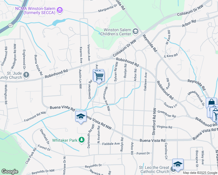 map of restaurants, bars, coffee shops, grocery stores, and more near 761 Westover Avenue Northwest in Winston-Salem
